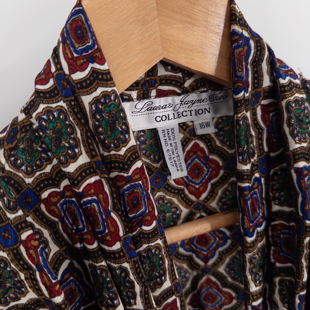 Vintage Draped Blouse 16W Geometric Jewel Tone 90s 80s Retro Silky Art‎ Teacher - Picture 5 of 8